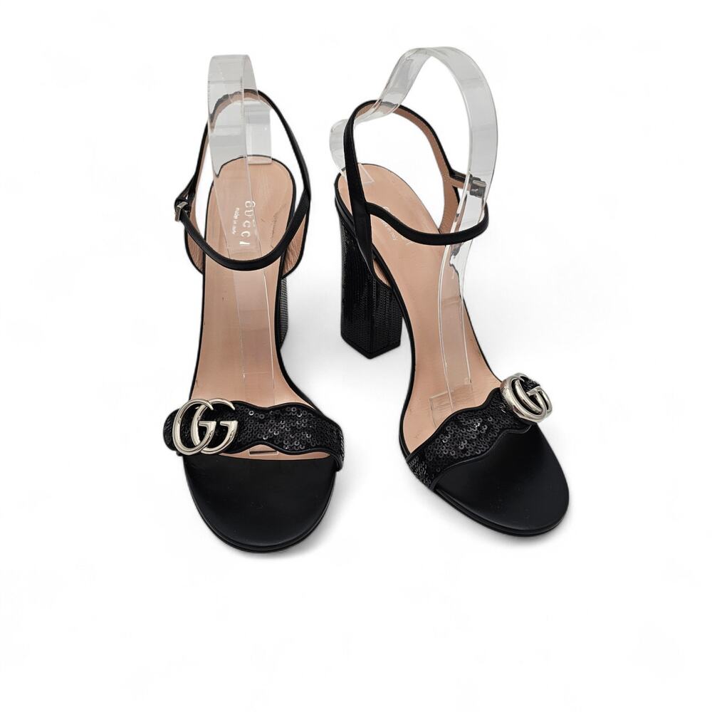 Gucci GG Marmont Sandal Block Heel Black Leather Sequin Silver Size 40 US 10